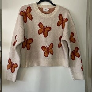 Luna Ivy|Butterfly Patterned Cream Crop Sweater|Large|EUC